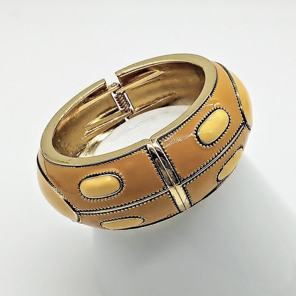 Mustard Yellow Enamel Wide Hinged Gold Fashion Bangle Bracelet